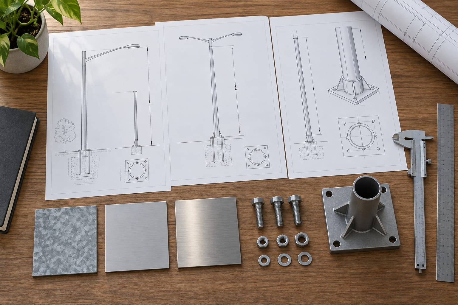 Lighting pole drawings, galvanized steel, aluminum and stainless samples, fasteners and base model on an engineering desk