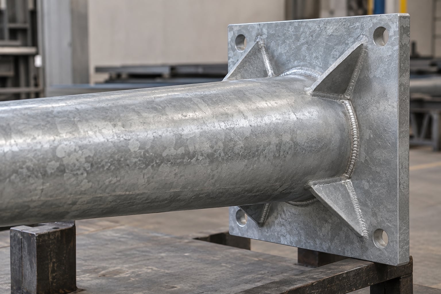 Galvanized light pole shaft to base plate weld and stiffener detail