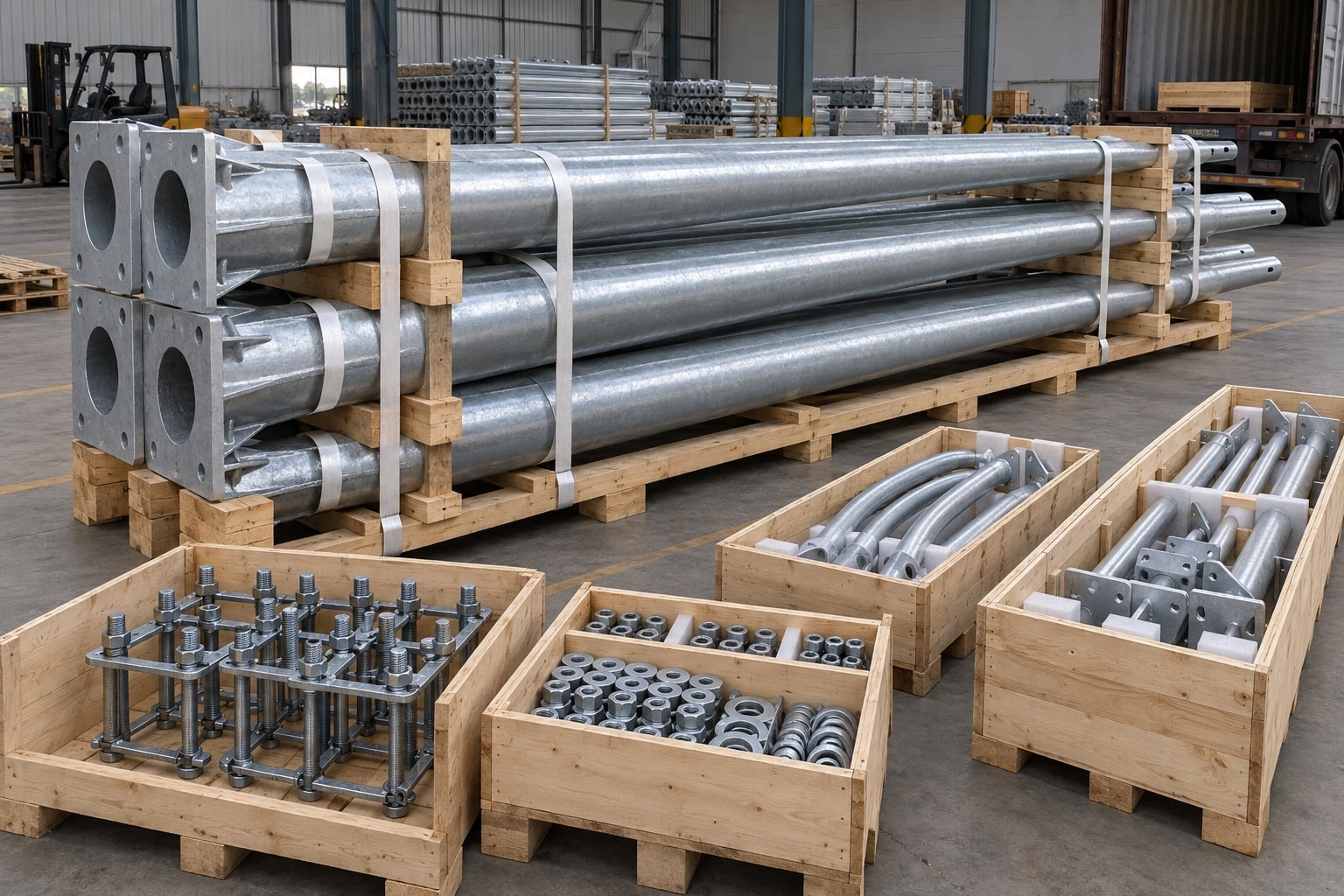 Galvanized pole bundle with separately organized anchor and hardware crates