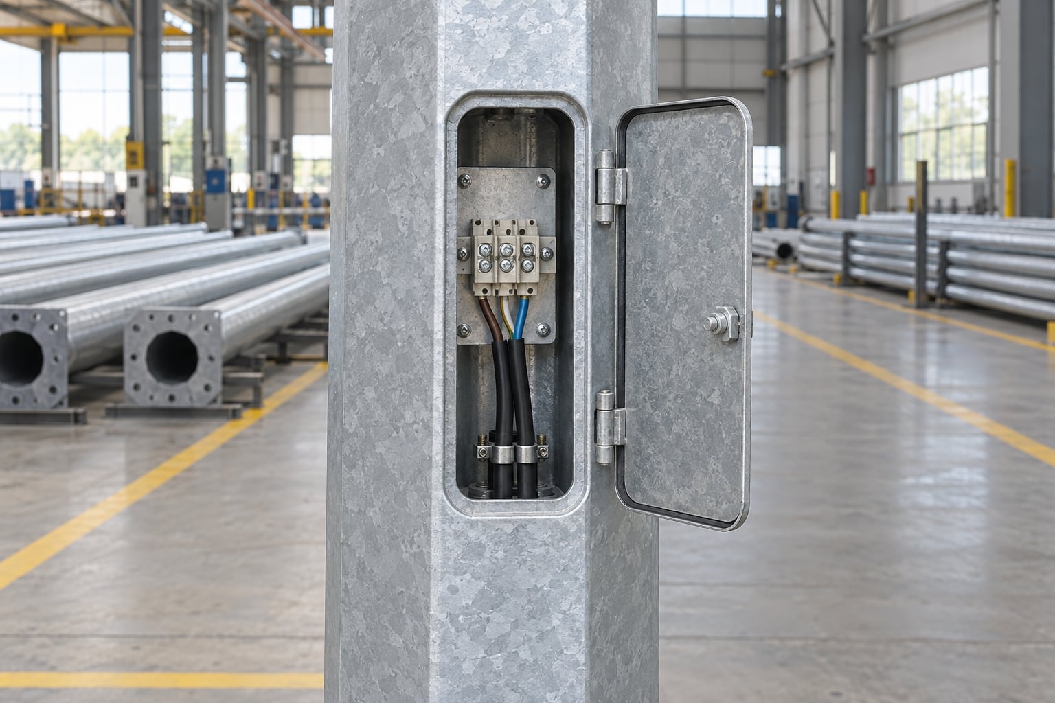 Open service door and terminal block inside an octagonal galvanized pole
