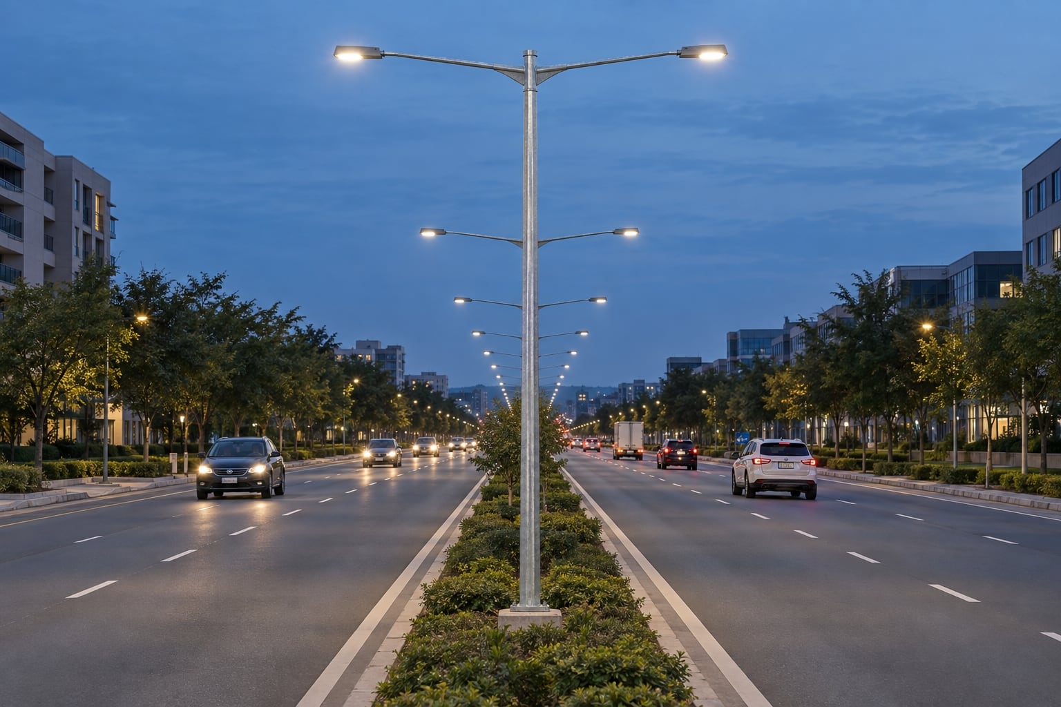 Divided urban boulevard with symmetrical double-arm street light poles installed along the central median