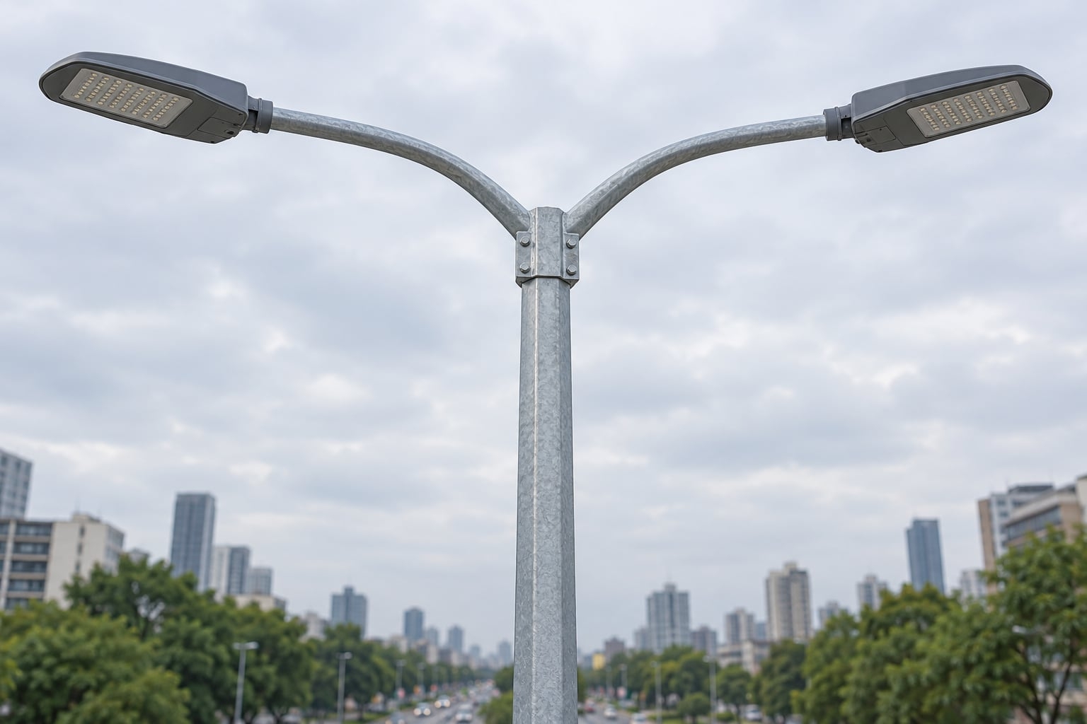 Double-arm pole head with two LED road luminaires