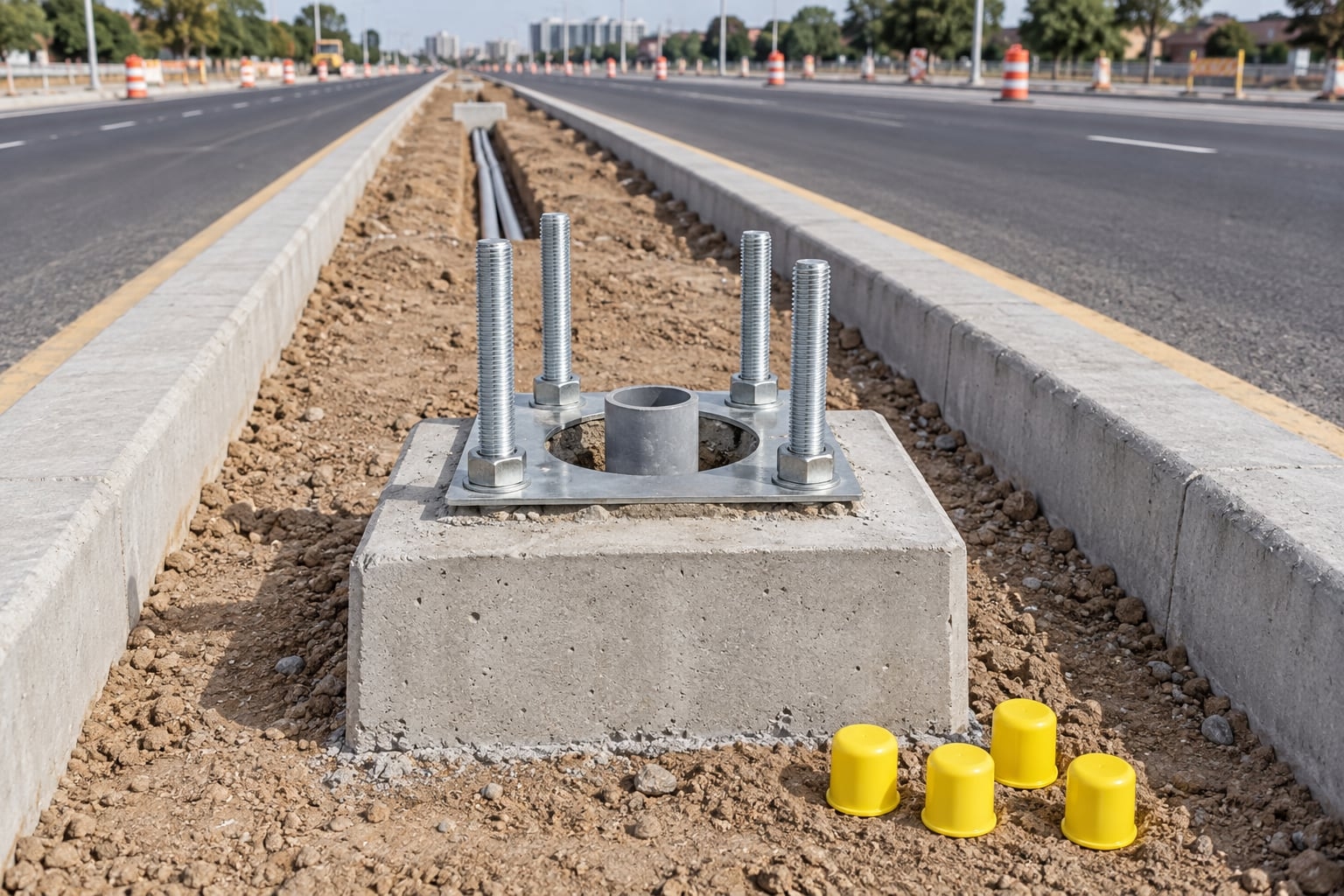 Central-median lighting pole foundation with four aligned anchor bolts and an open cable conduit