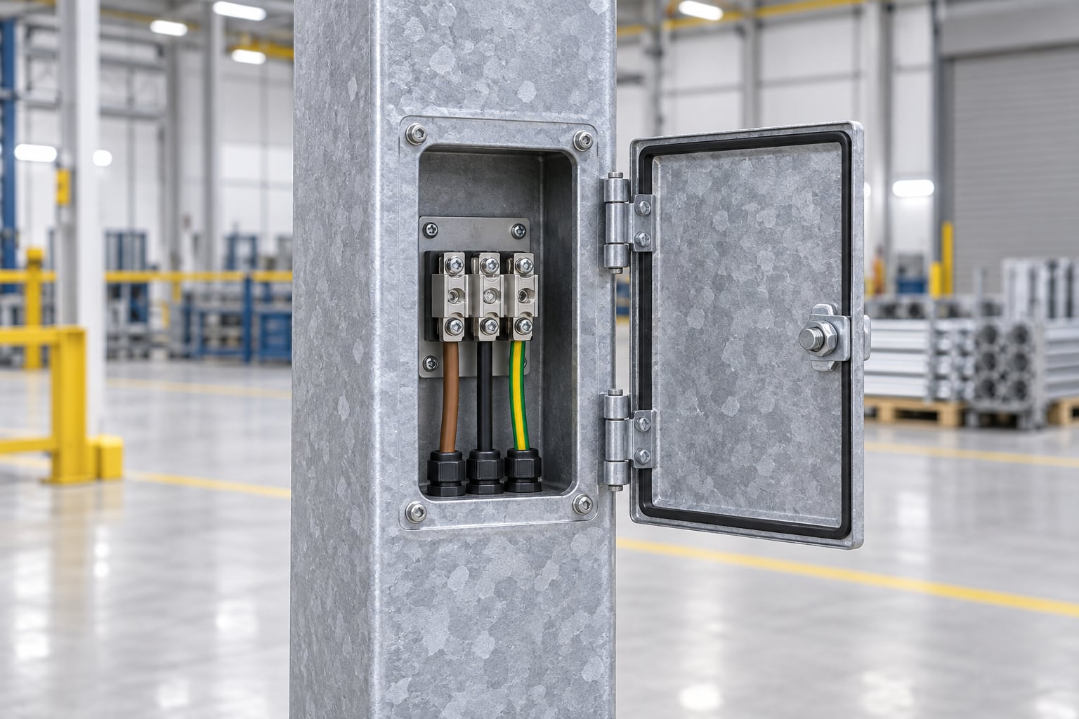 Open access door with terminal block inside a square galvanized light pole