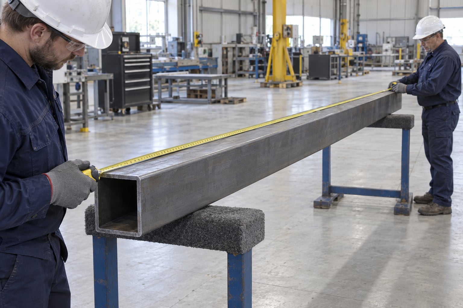 Technicians measuring a long square tapered steel pole shaft