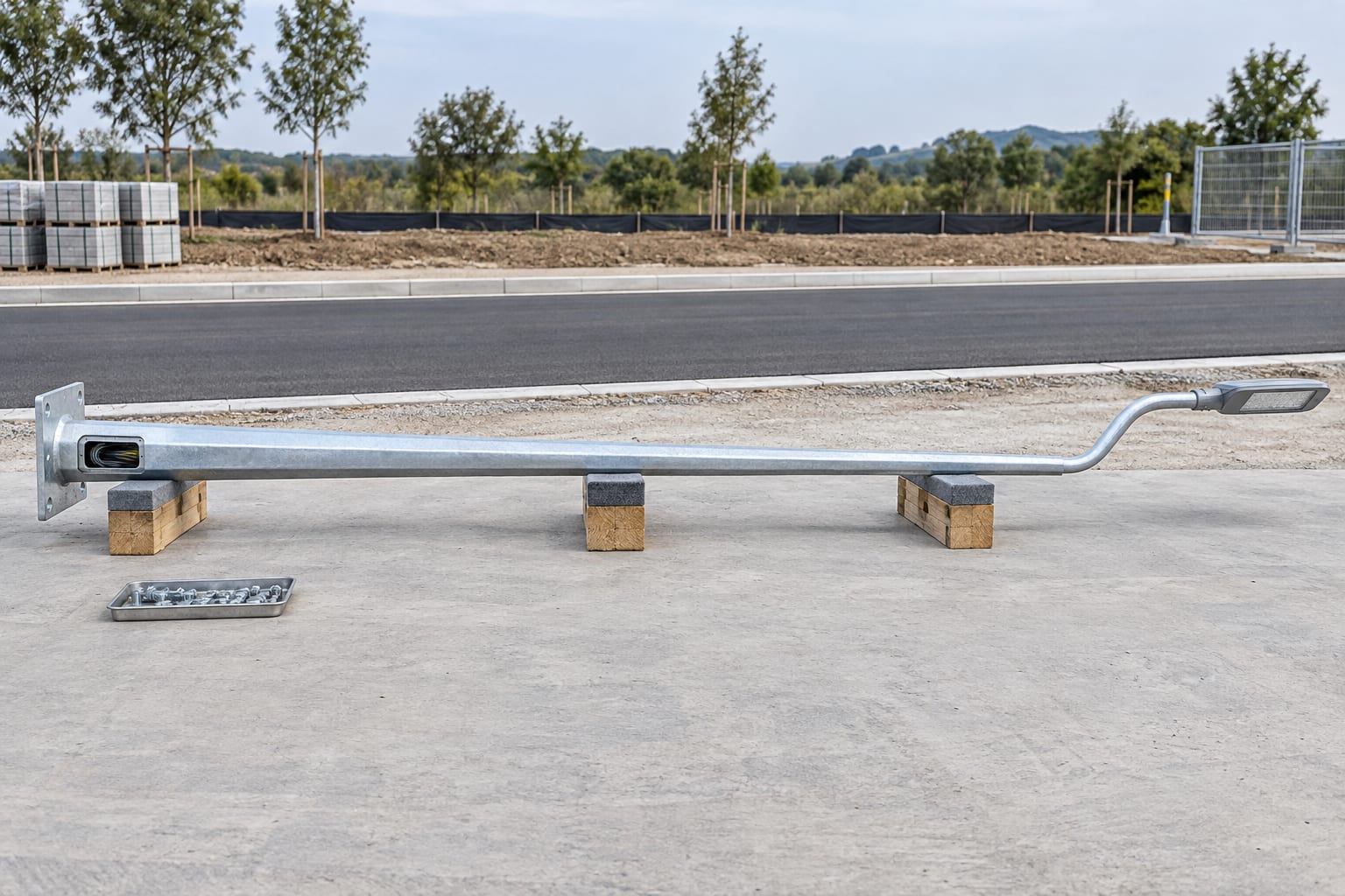 Pole and luminaire arm laid out on ground supports before lifting; verify assembly and hardware against the release record.