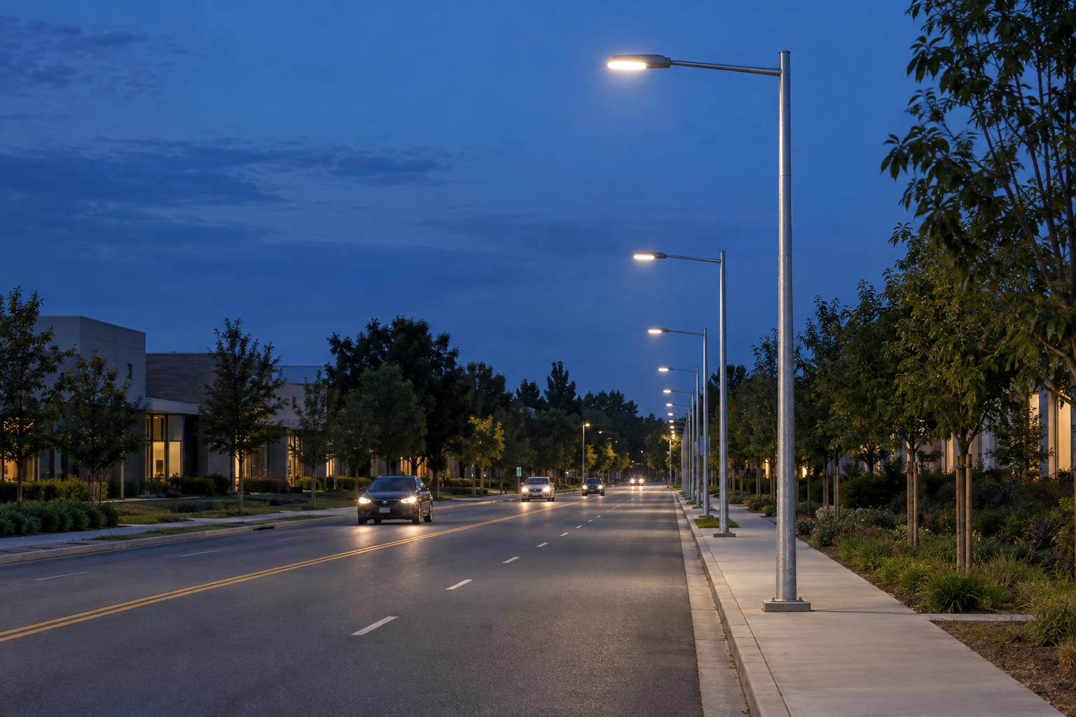 Completed urban road at blue hour with a consistent line of operating galvanized single-arm lighting poles