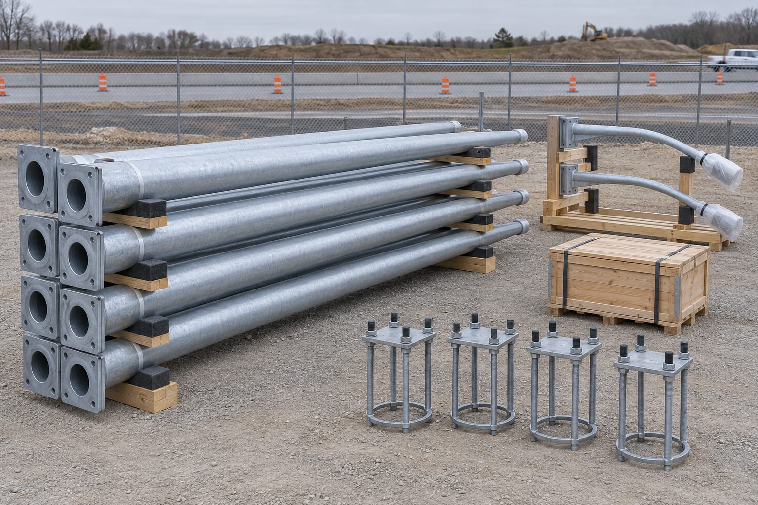 Galvanized shafts on timber supports, with arms and anchor cages kept apart; verify actual piece marks against the delivery record.