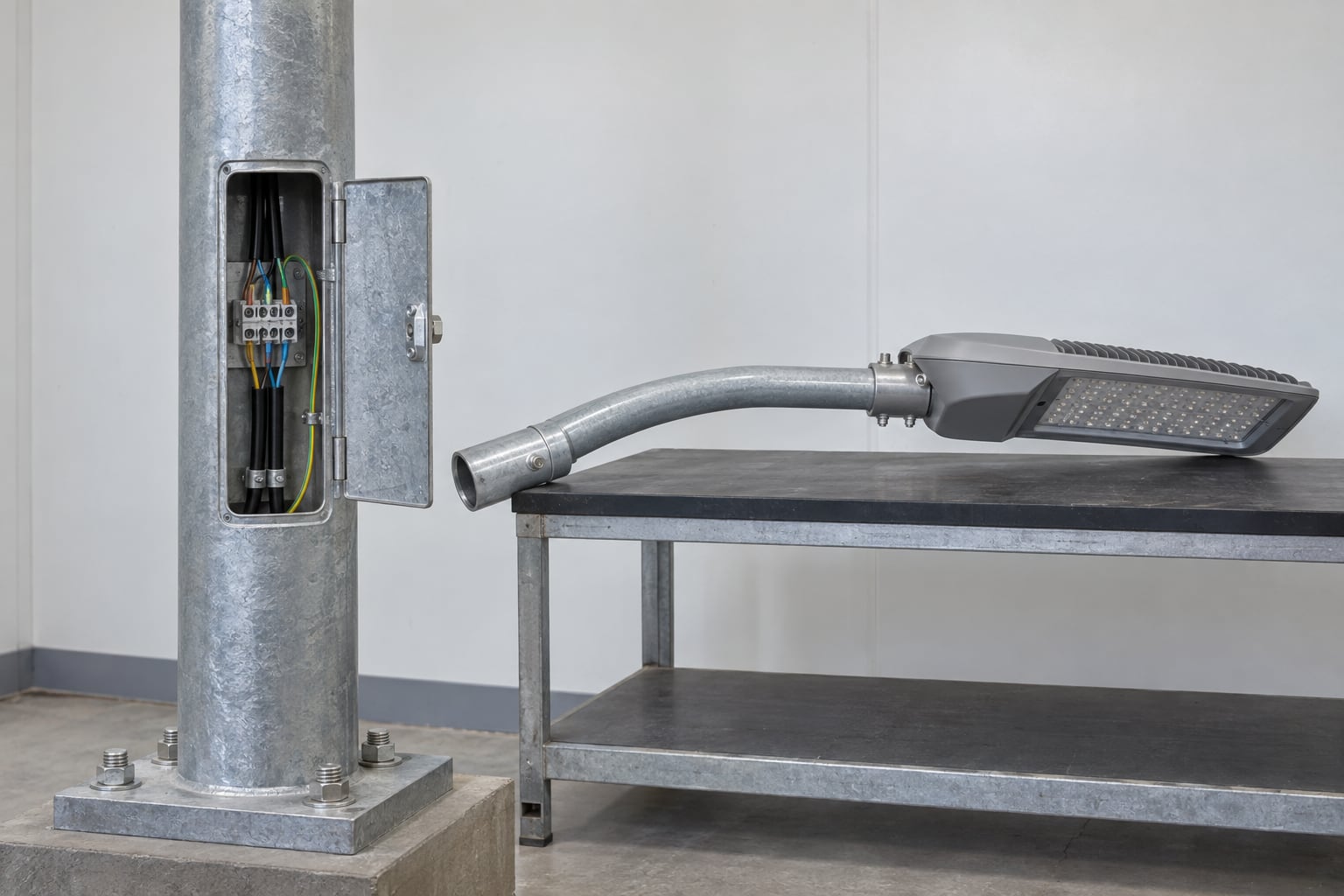Street light pole service door, protected cables, arm and LED luminaire interface