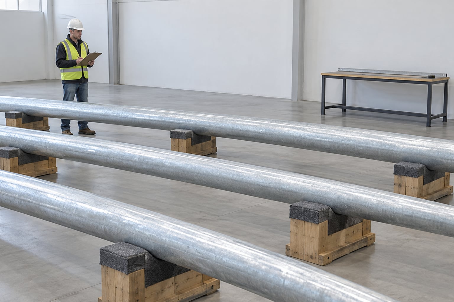 Inspector reviewing galvanized street light pole shafts on padded supports