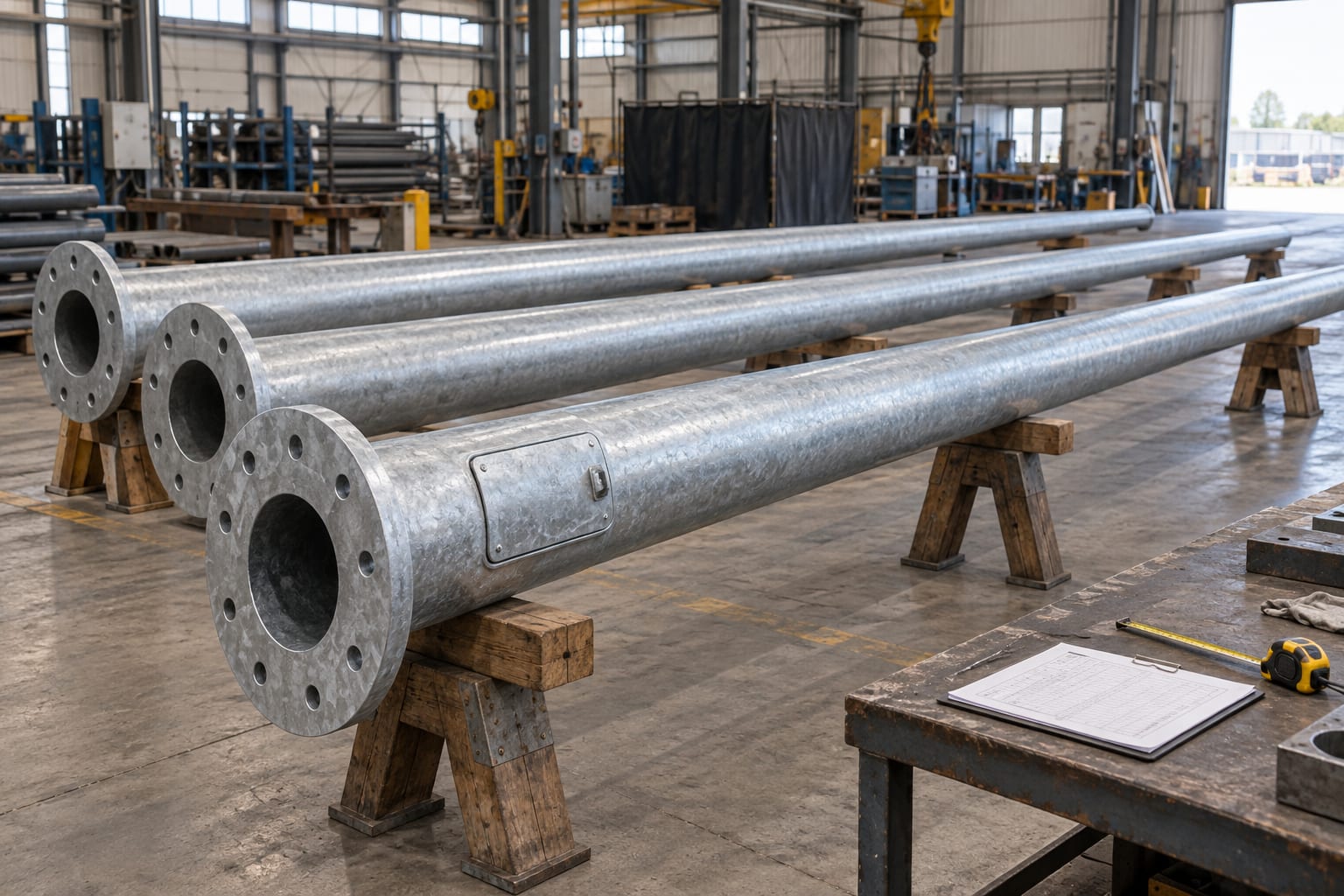 Galvanized tapered light pole shafts supported for factory acceptance review