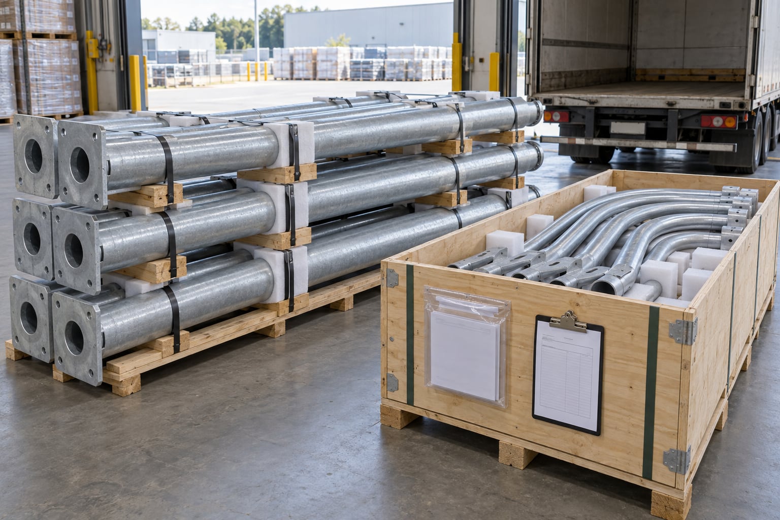 Identified galvanized street light pole bundles protected on timber supports for shipment