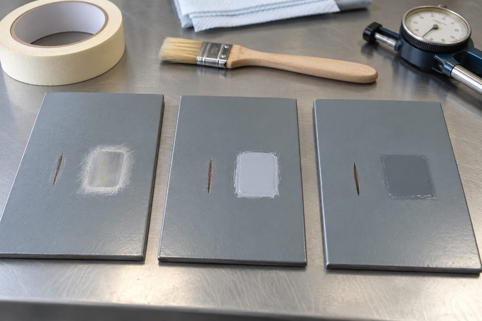Separate sample coupons showing surface damage and different coating repair stages