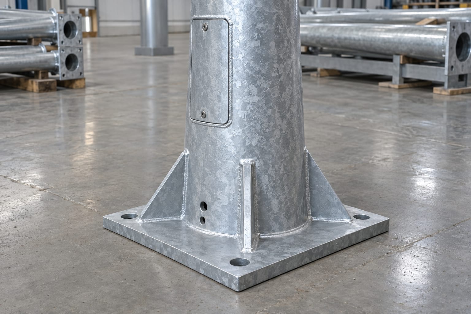 Galvanized pole base, access door and bolt-hole interfaces to protect during storage and handling.