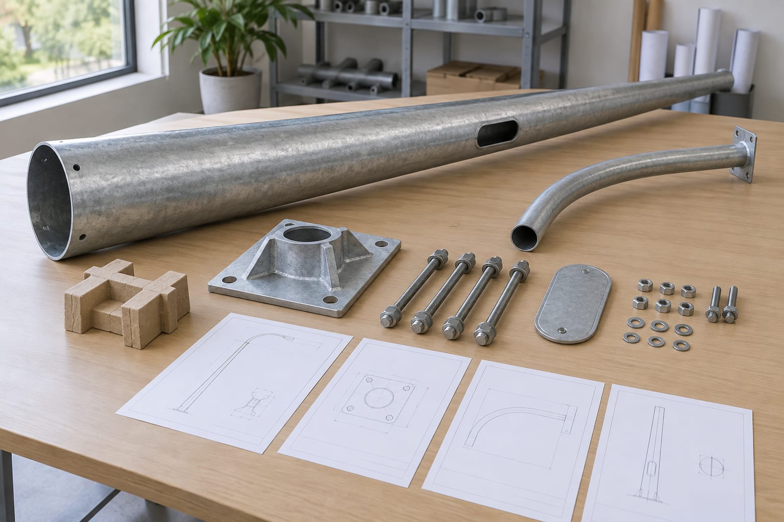 Galvanized pole shaft, arm, base plate, anchors, access door and drawings arranged for quotation review