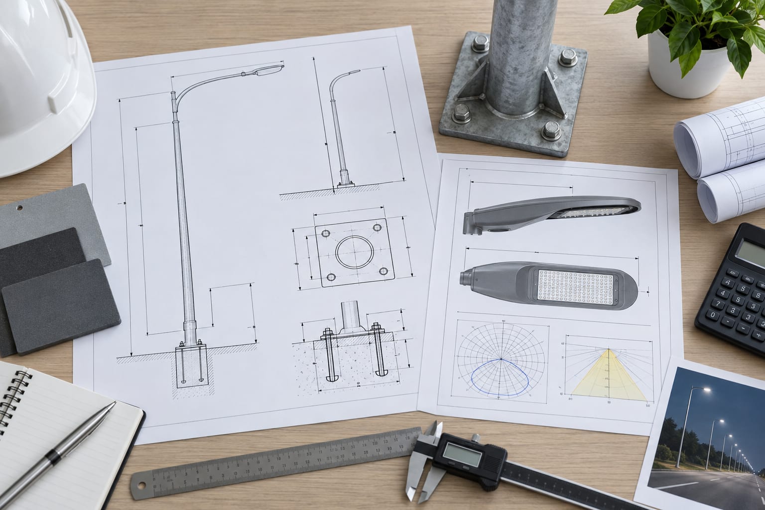 Engineer reviewing pole type schedule, luminaire loads and finish requirements at a desk