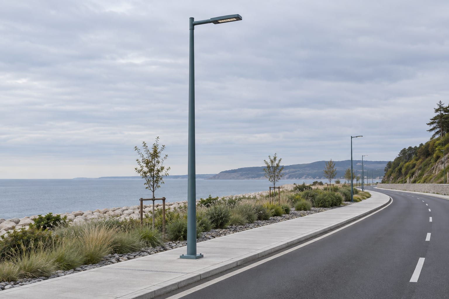 Duplex-coated steel lighting poles beside a coastal access road with visible base drainage
