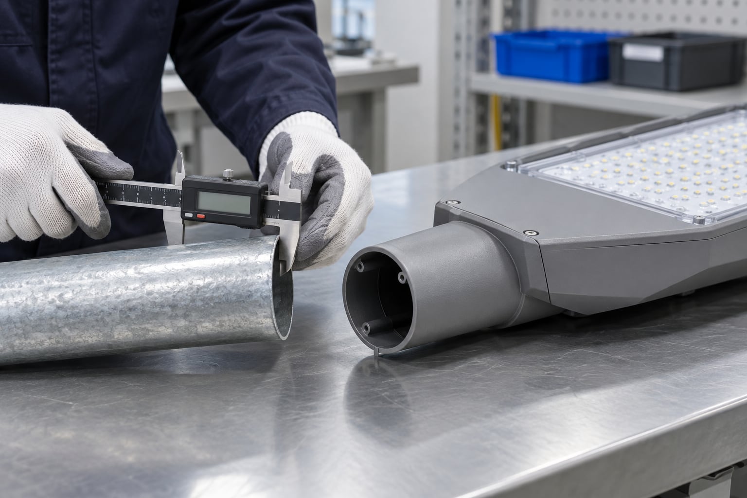 Technician measuring a galvanized arm end beside a separate street luminaire mounting socket