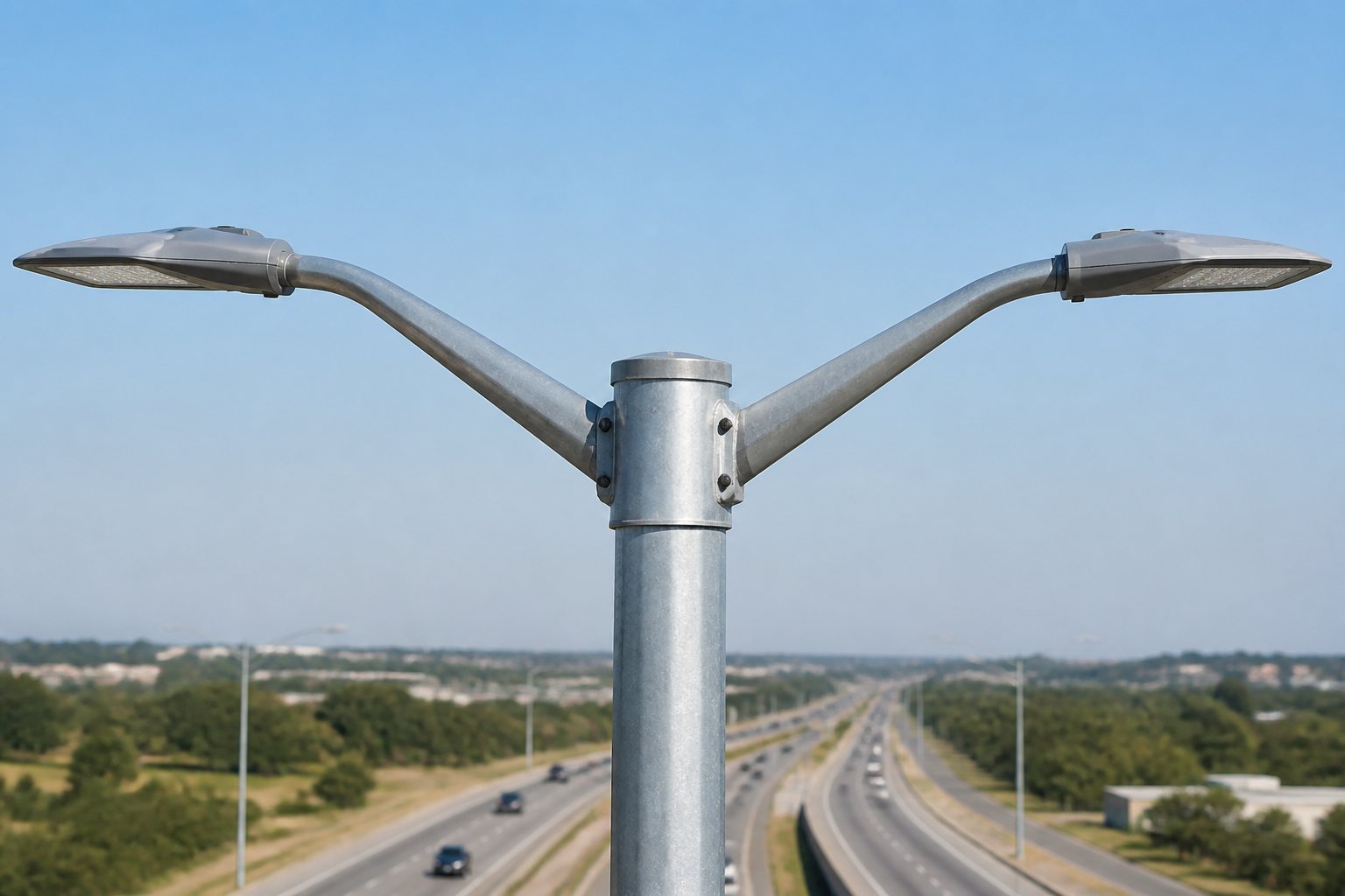 Installed galvanized double-arm pole head with both luminaires connected and oriented over a divided road