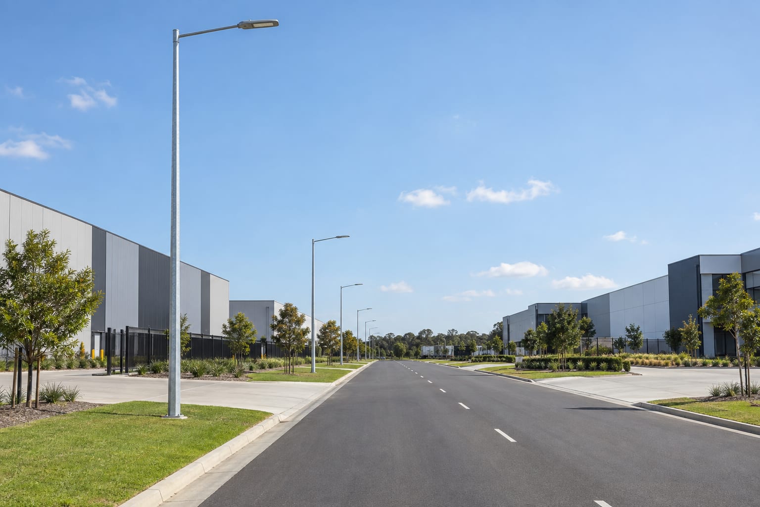 Street lighting poles set back from heavy-vehicle circulation on an industrial road