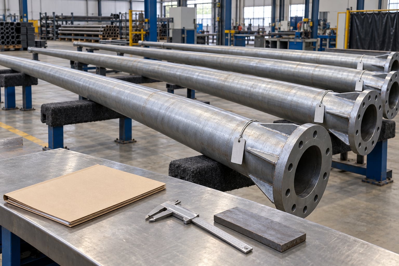 Factory pole shafts with physical blank tags and associated inspection folder