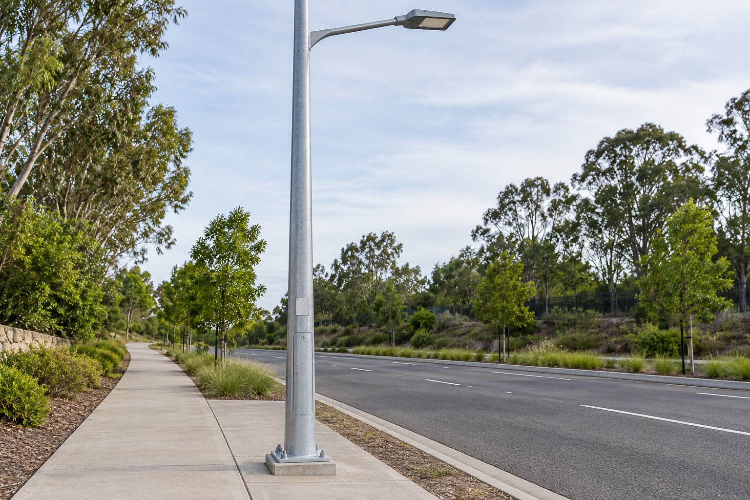 Installed galvanized roadway lighting pole with closed service door and blank asset plate