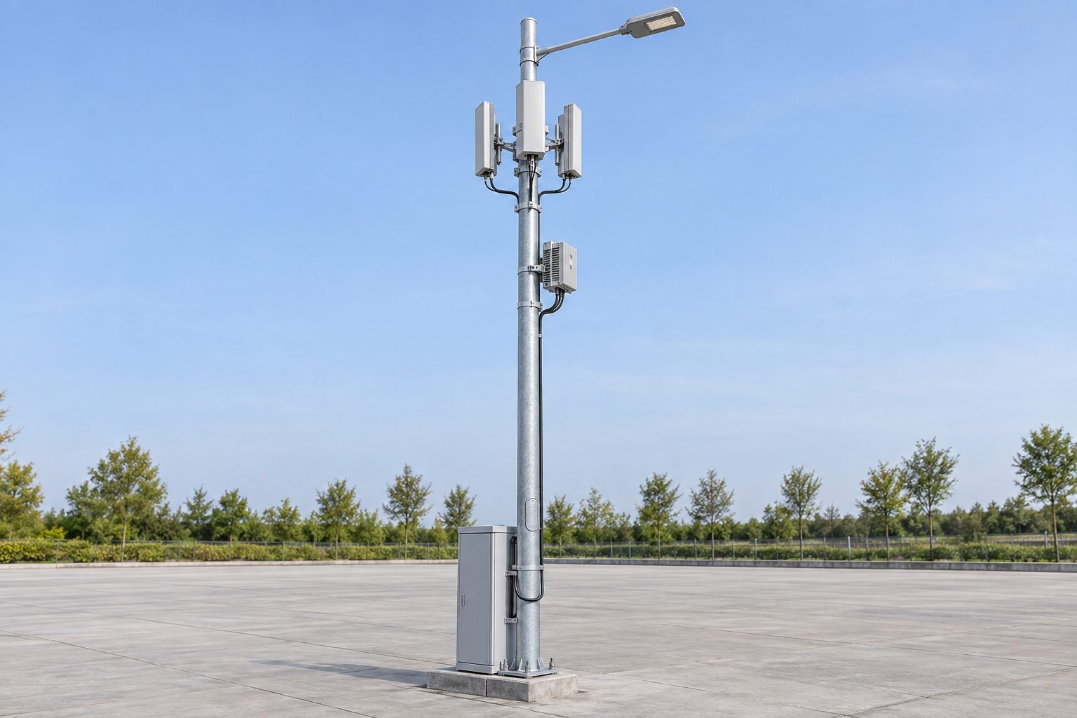 Single multifunctional pole with physically supported antennas, radio equipment and roadway luminaire