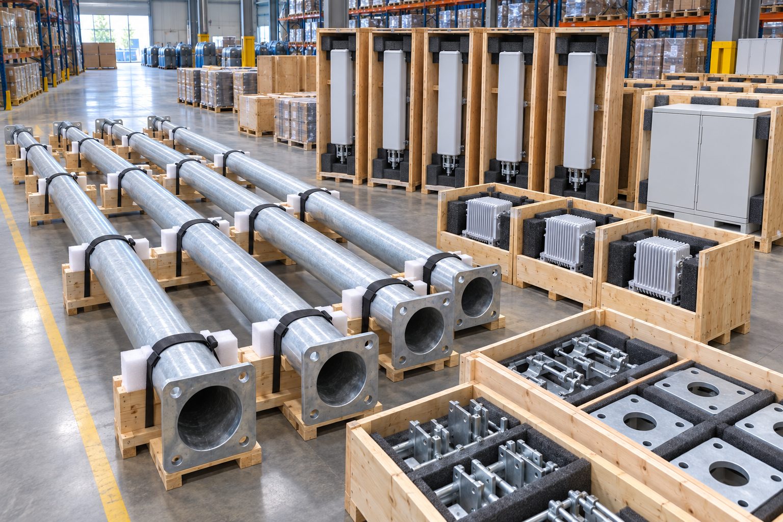 Separated pole shafts, antenna modules and protected cabinets prepared for shipment