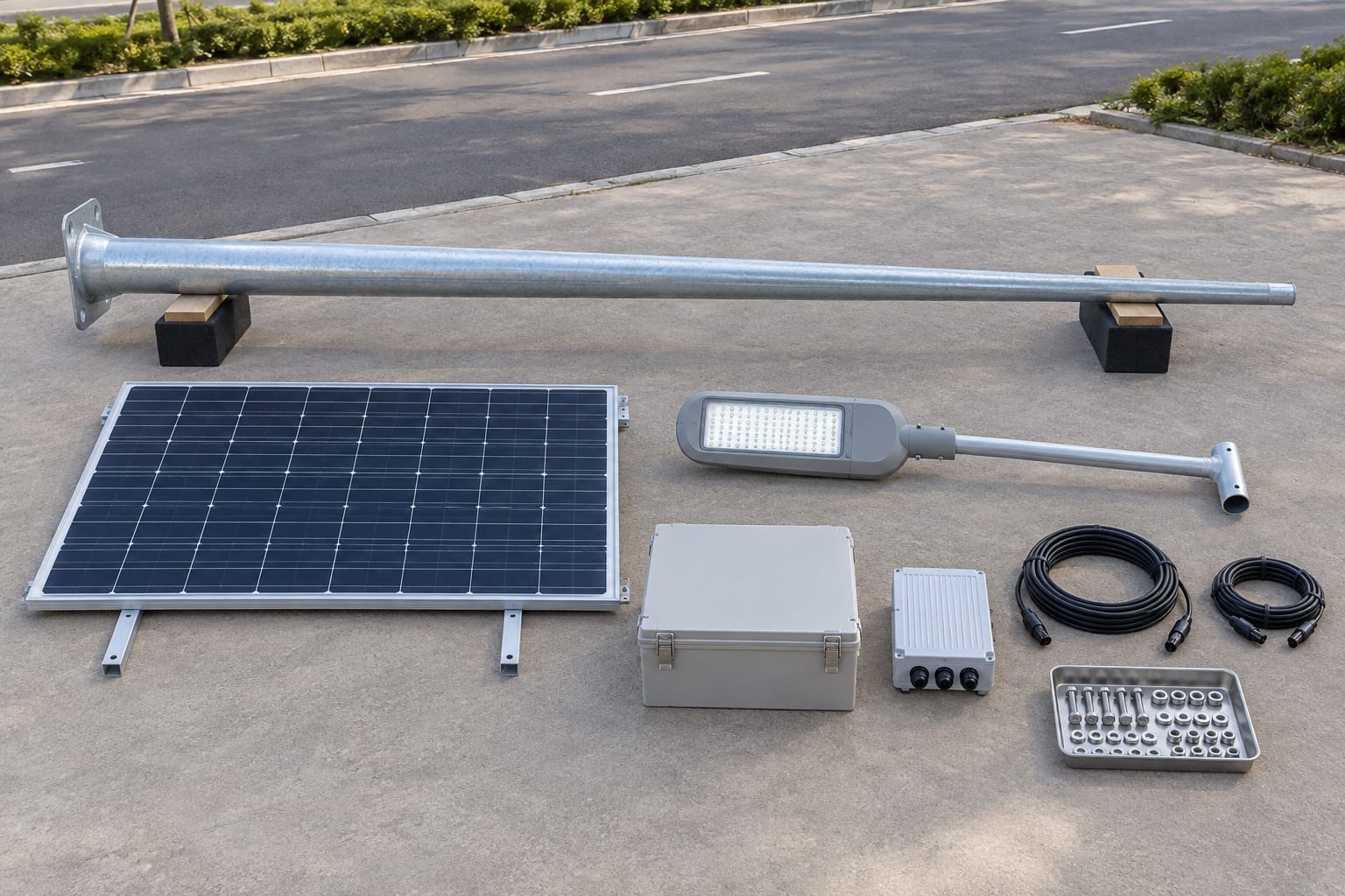 Solar street-light components laid out for a receiving and interface review; confirm actual part identity against the approved pole schedule.