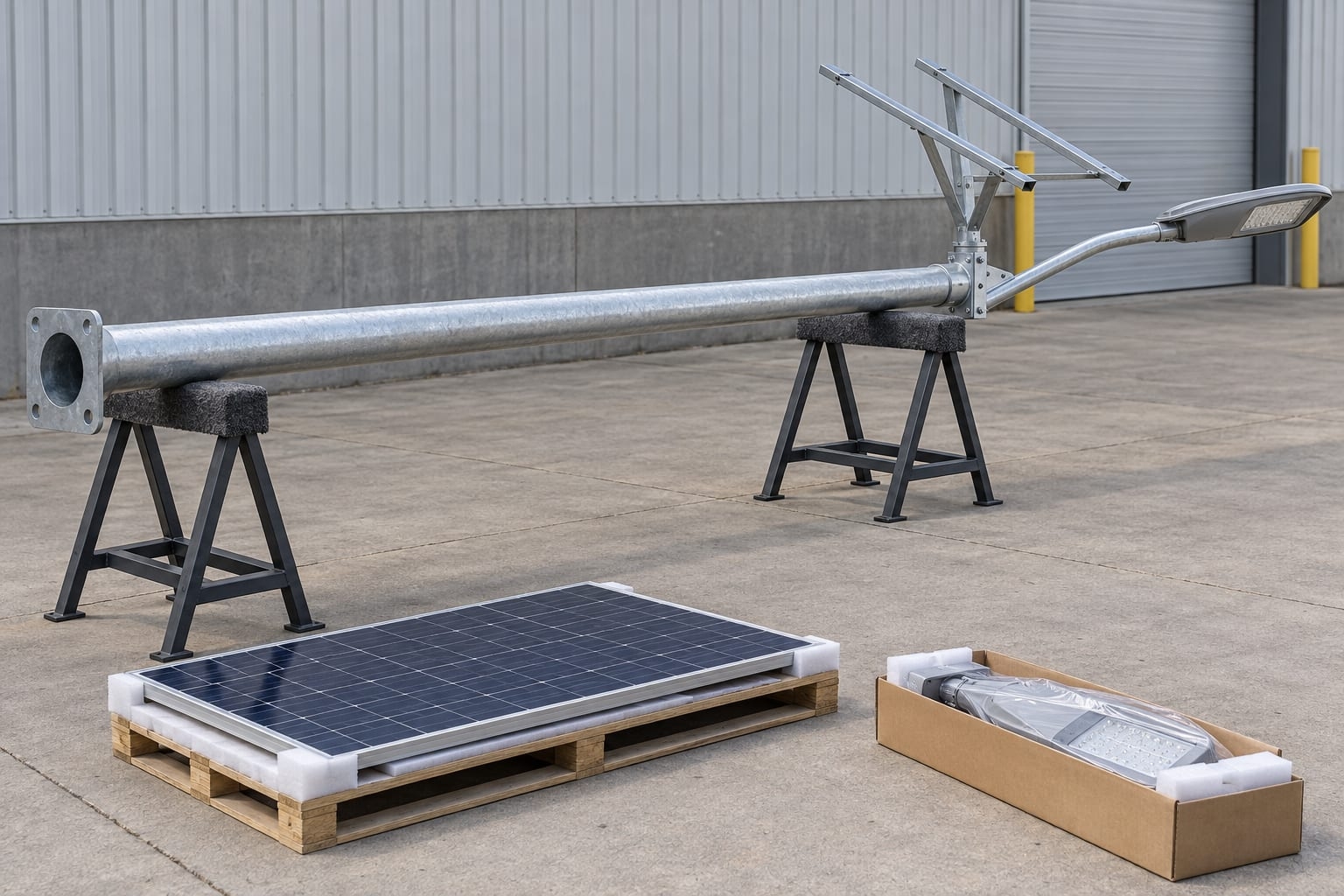 Ground-level dry fit of the pole, luminaire arm and PV bracket before final assembly; this image does not show foundation acceptance.