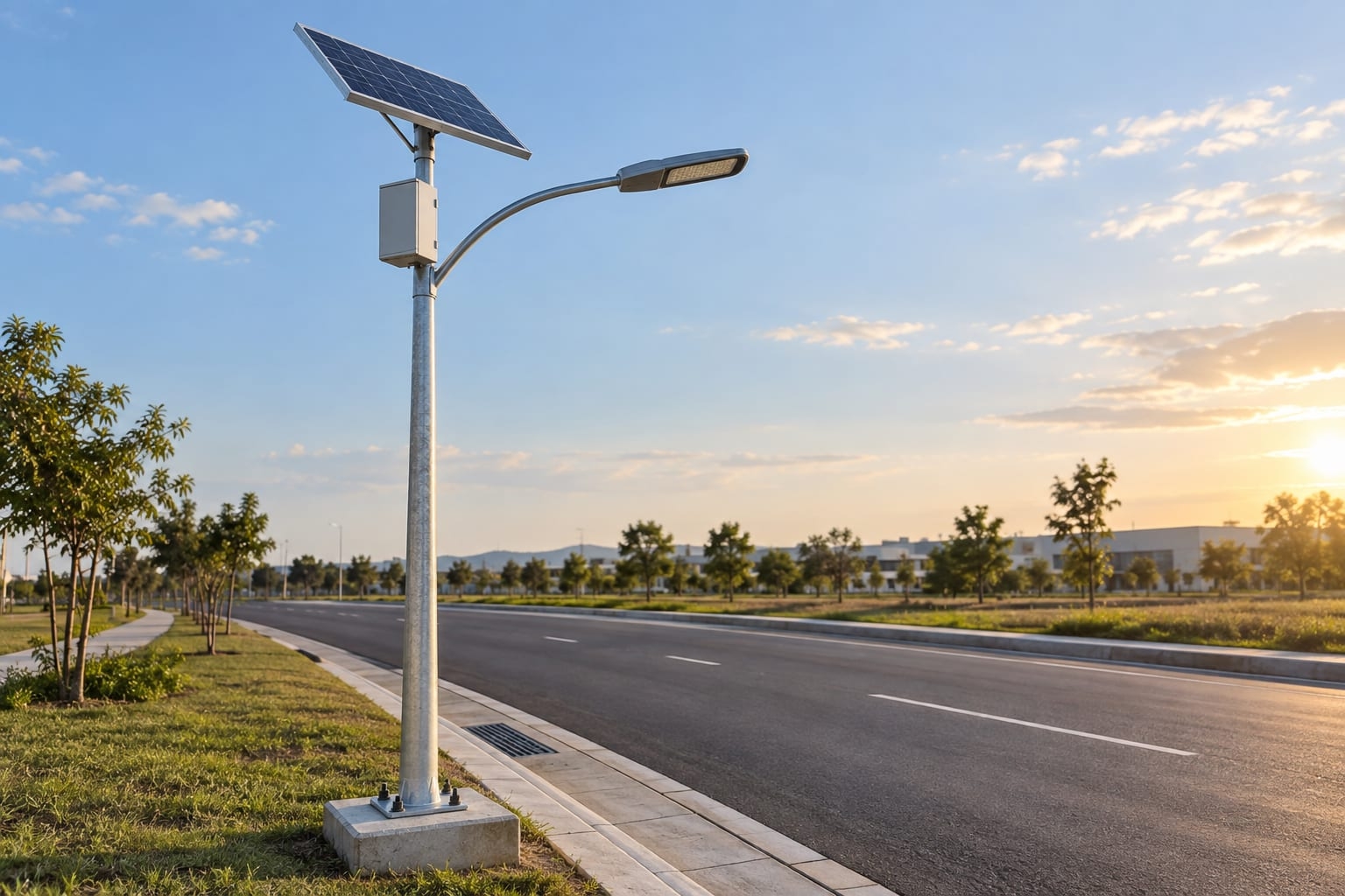 Installed split-type solar street light with a PV module and roadway luminaire on one pole.