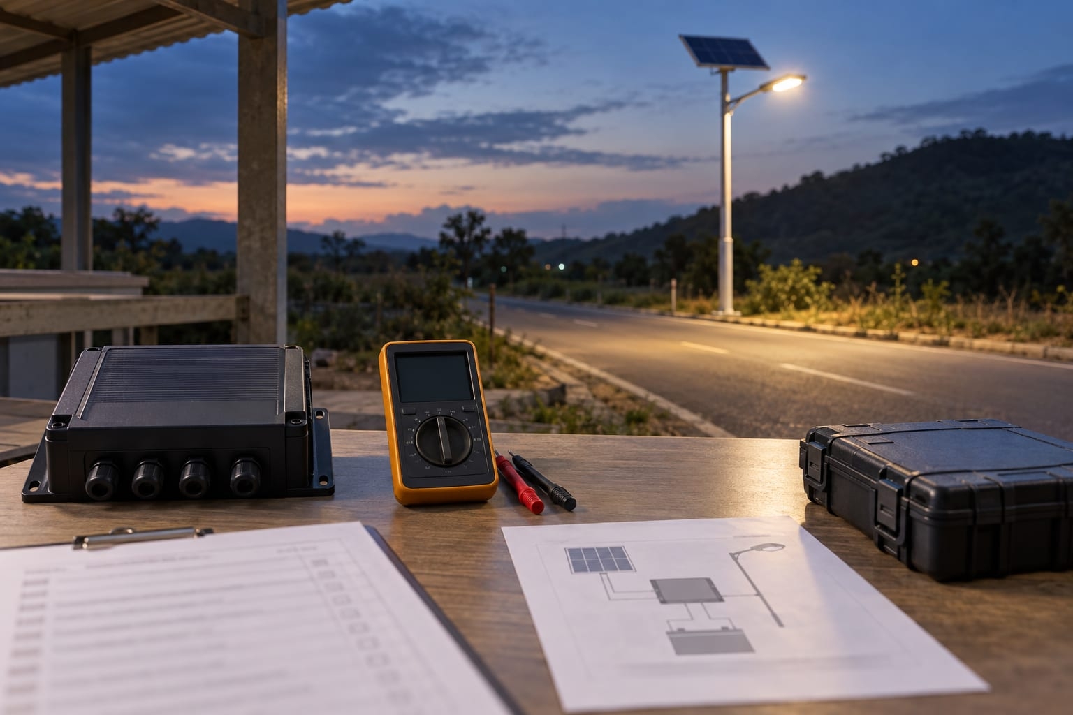Solar street-light commissioning workspace with a test meter, checklist and wiring drawing.