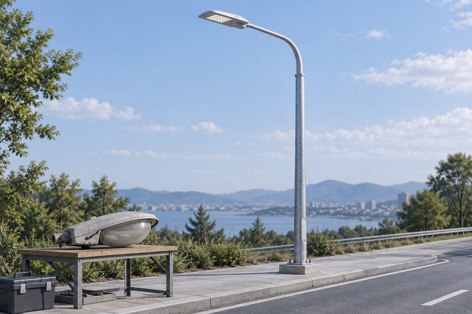 Illustrative before-and-after concept with an existing road-light pole, a replacement LED luminaire and removed fixture