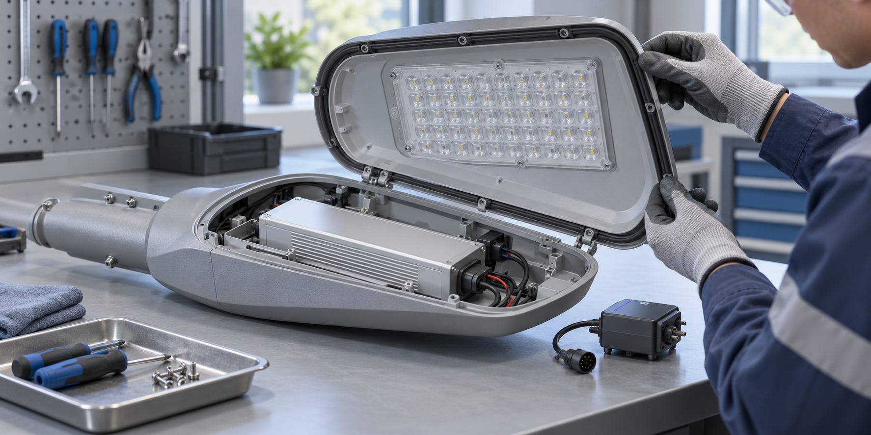 Illustrative LED road-luminaire inspection concept on a workbench, with separated housing components